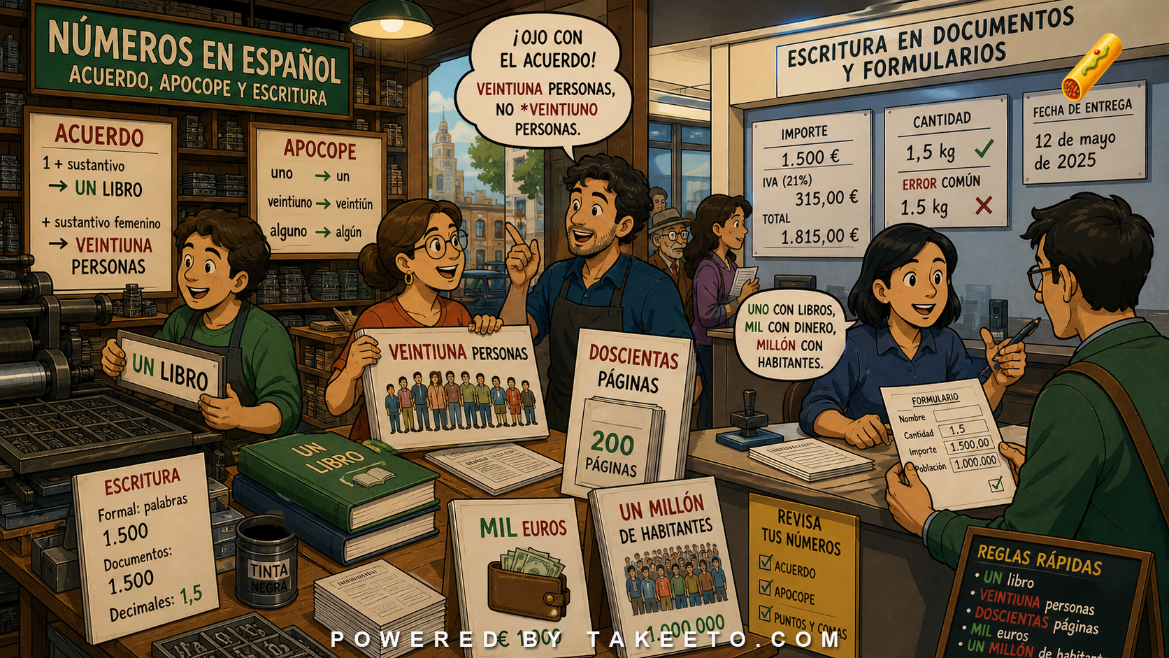 Comic Takeeto blog illustration for Numbers in Spanish: Agreement, Apocope, and Writing Conventions, covering grammar & style.