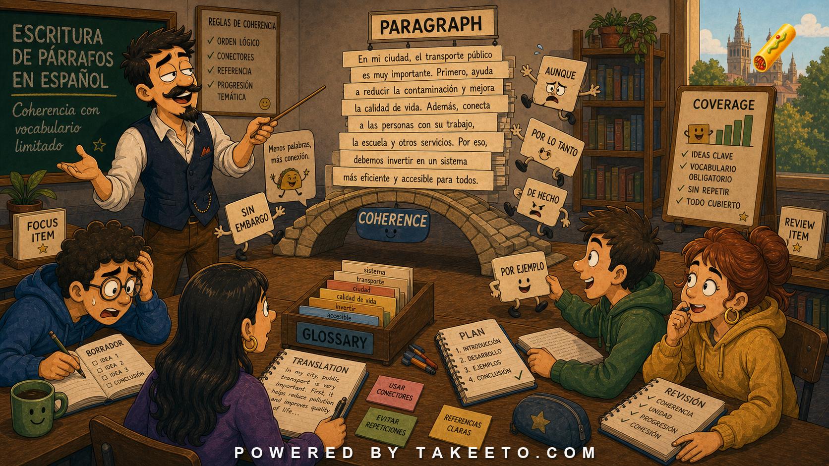 Comic Takeeto blog illustration for Spanish Passage Writing: Coherence Under Vocabulary Constraints, covering content design.
