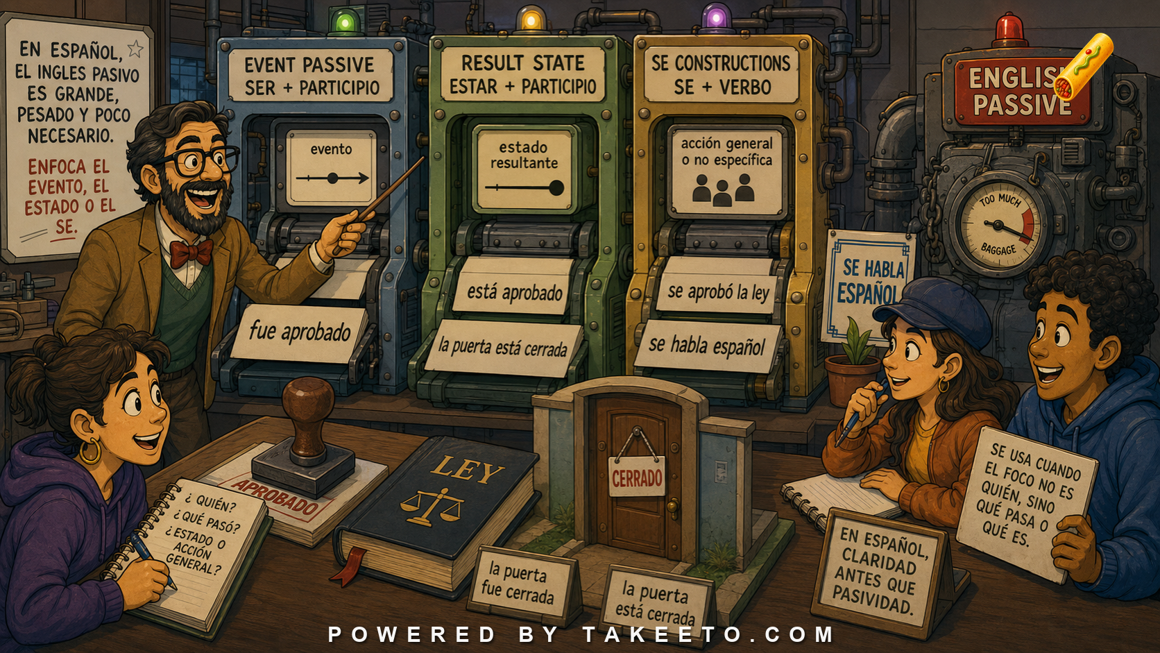 Comic Takeeto blog illustration for The Passive Voice: Ser, Estar, Se, and Why Spanish Often Avoids English Passives, covering syntax & discourse.