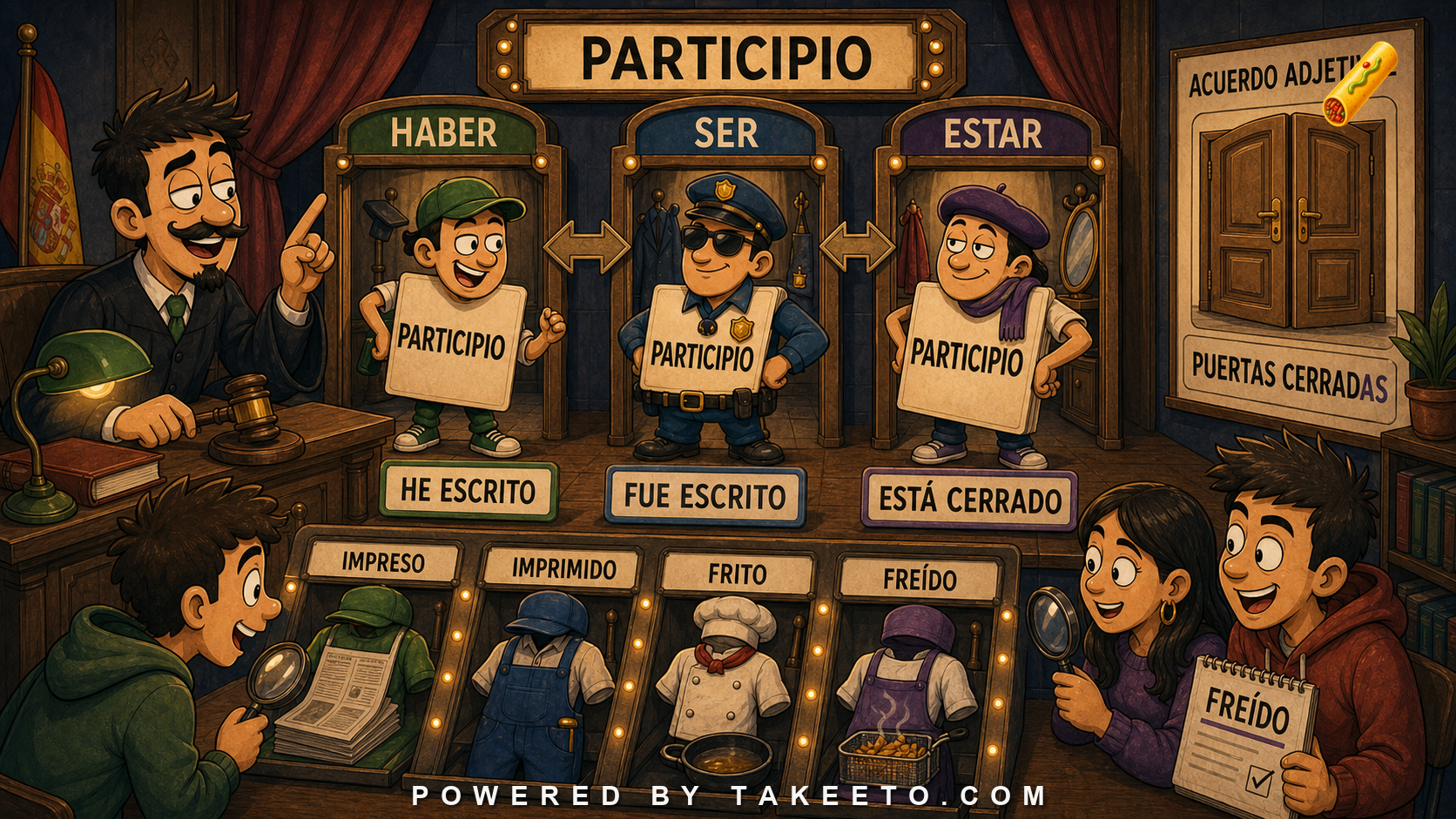 Comic Takeeto participle courtroom illustration showing haber, ser, estar, participio, agreement, and participle examples.