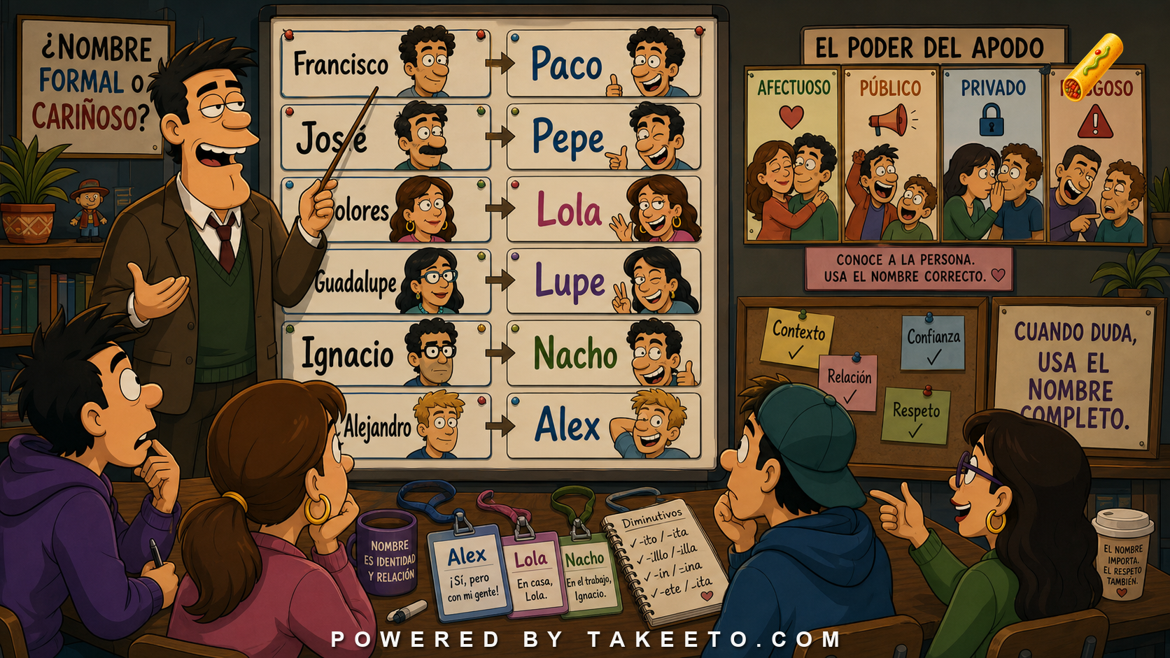 Comic Takeeto blog illustration for Spanish Personal Names: Diminutives, Hypocoristics, and Social Meaning, covering onomastics & pragmatics.