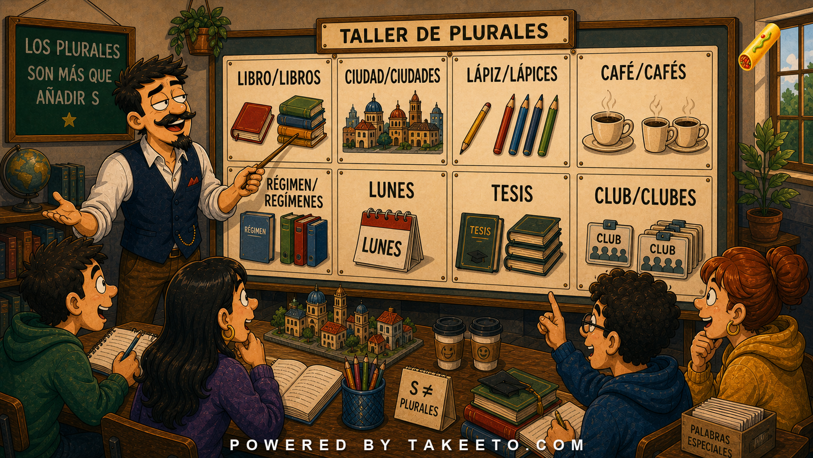 Comic Takeeto blog illustration for Spanish Plurals: More Than Adding S, covering morphology.