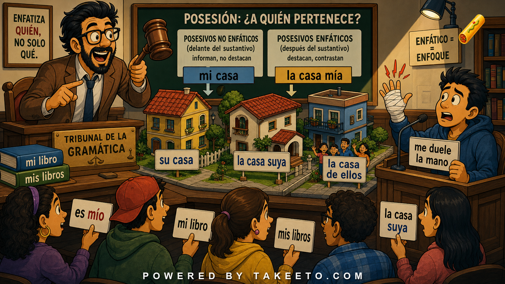 Comic Takeeto blog illustration for Possessives: Mi Casa, La Casa Mía, and Possession as Emphasis, covering grammar.
