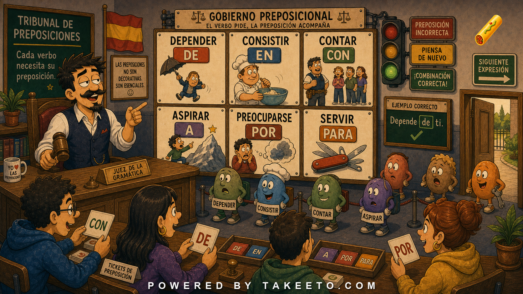 Comic Takeeto blog illustration for Spanish Prepositional Government: Verbs That Require Specific Prepositions, covering grammar & vocabulary.