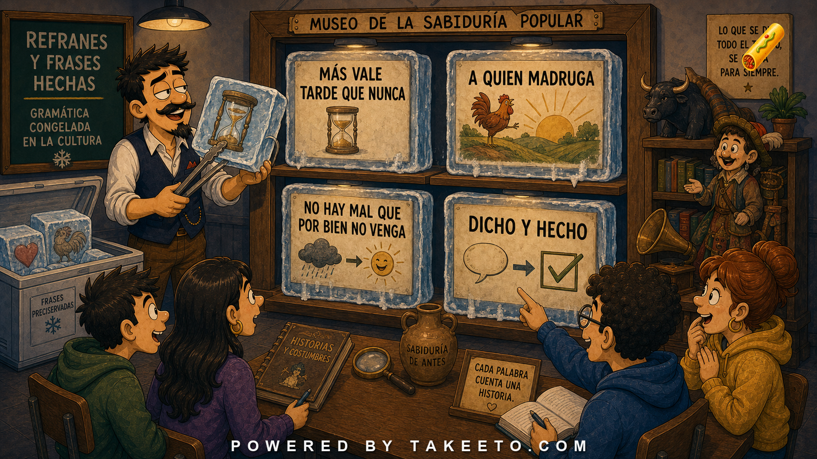 Comic Takeeto blog illustration for Spanish Proverbs and Set Phrases: Grammar Frozen in Culture, covering phraseology.