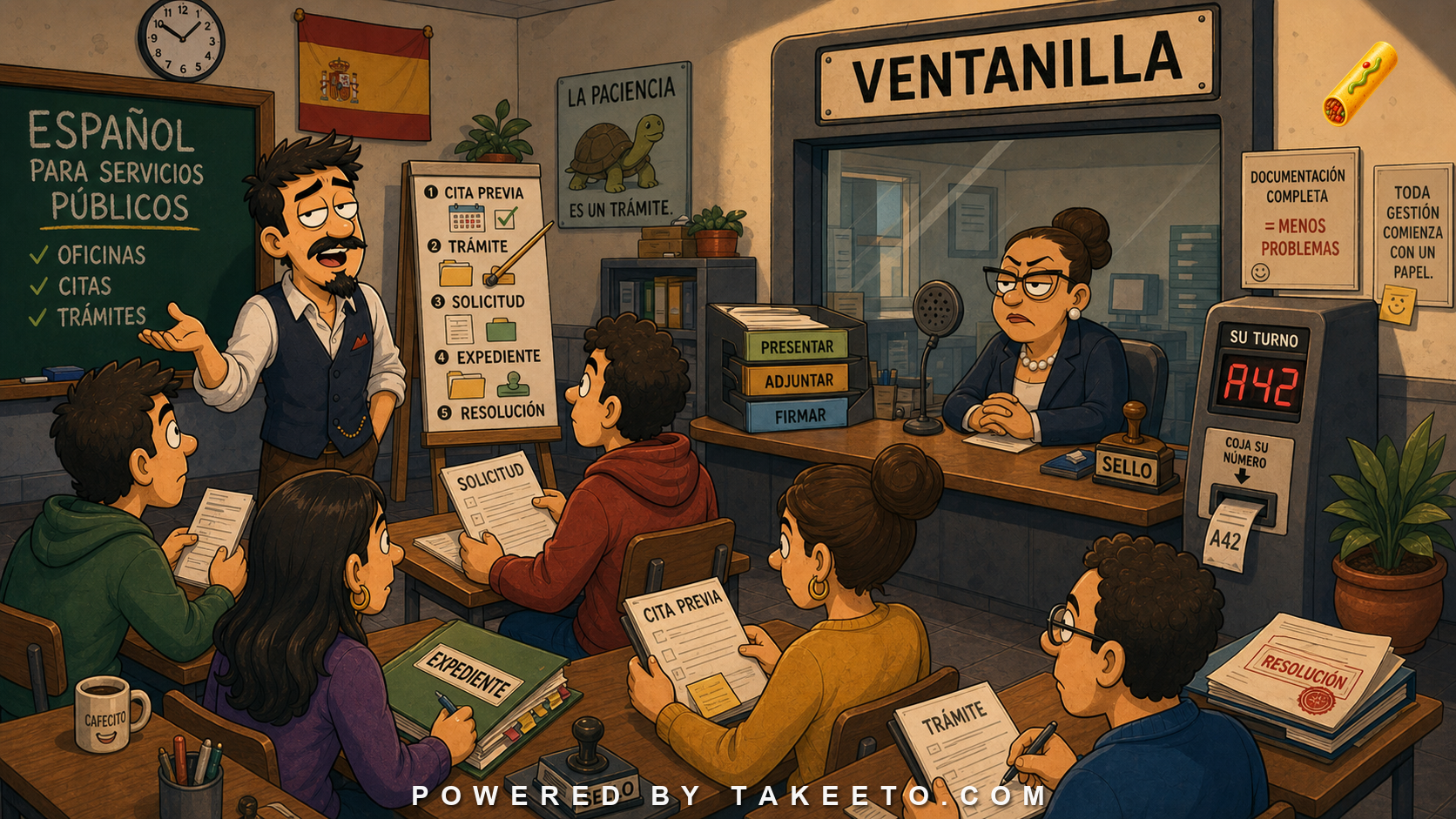 Comic Takeeto blog illustration for Spanish for Public Services: Offices, Appointments, and Procedures, covering domain language.