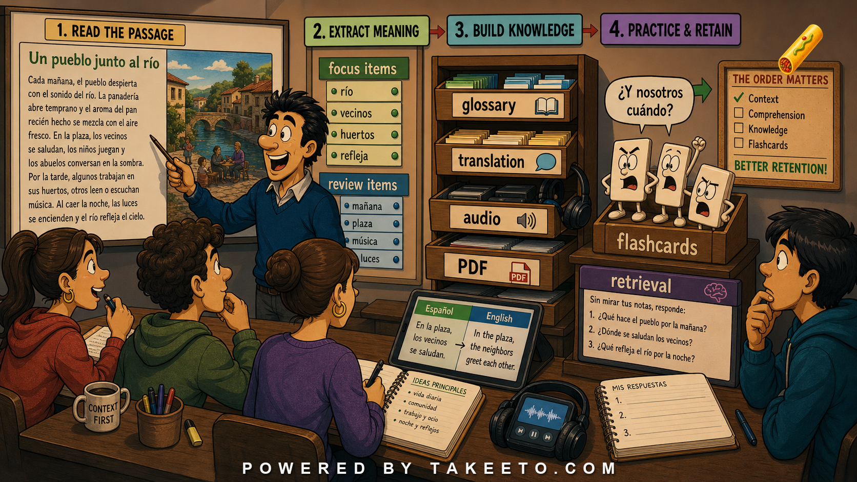 Comic Takeeto blog illustration for Spanish Reading Passages as Curriculum: Context Before Cards, covering pedagogy & product.