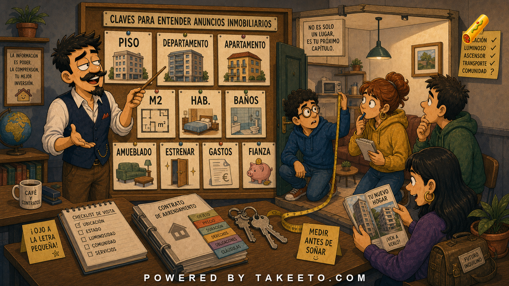 Comic Takeeto blog illustration for Real Estate Listings: Abbreviations, Amenities, and Legal Hints, covering housing/domain language.