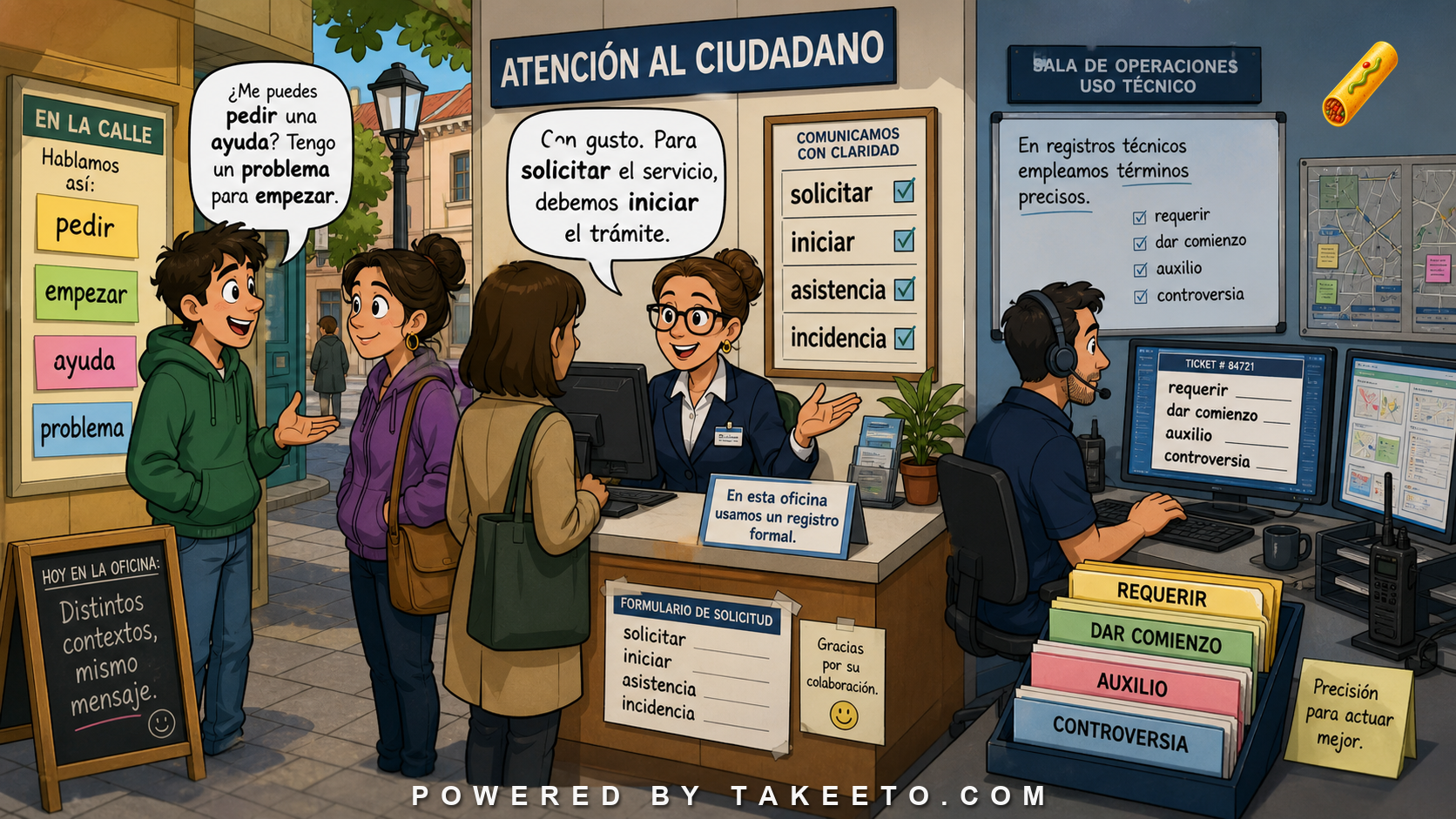 Comic Takeeto blog illustration for Spanish Register Pairs: Everyday Word, Formal Word, Technical Word, covering vocabulary & register.