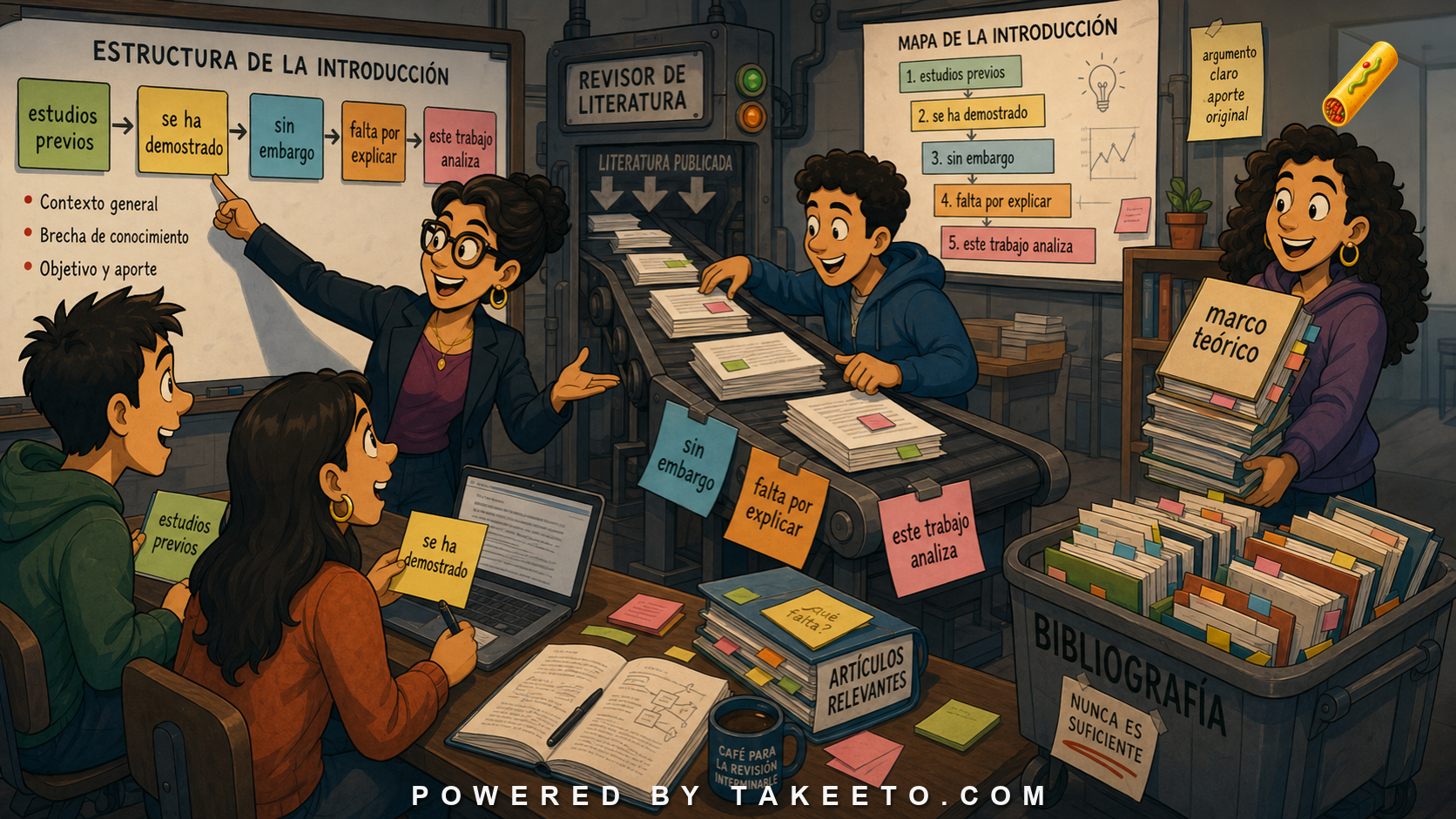 Comic Takeeto blog illustration for Spanish Research Articles: Introductions and Literature Reviews, covering academic writing.