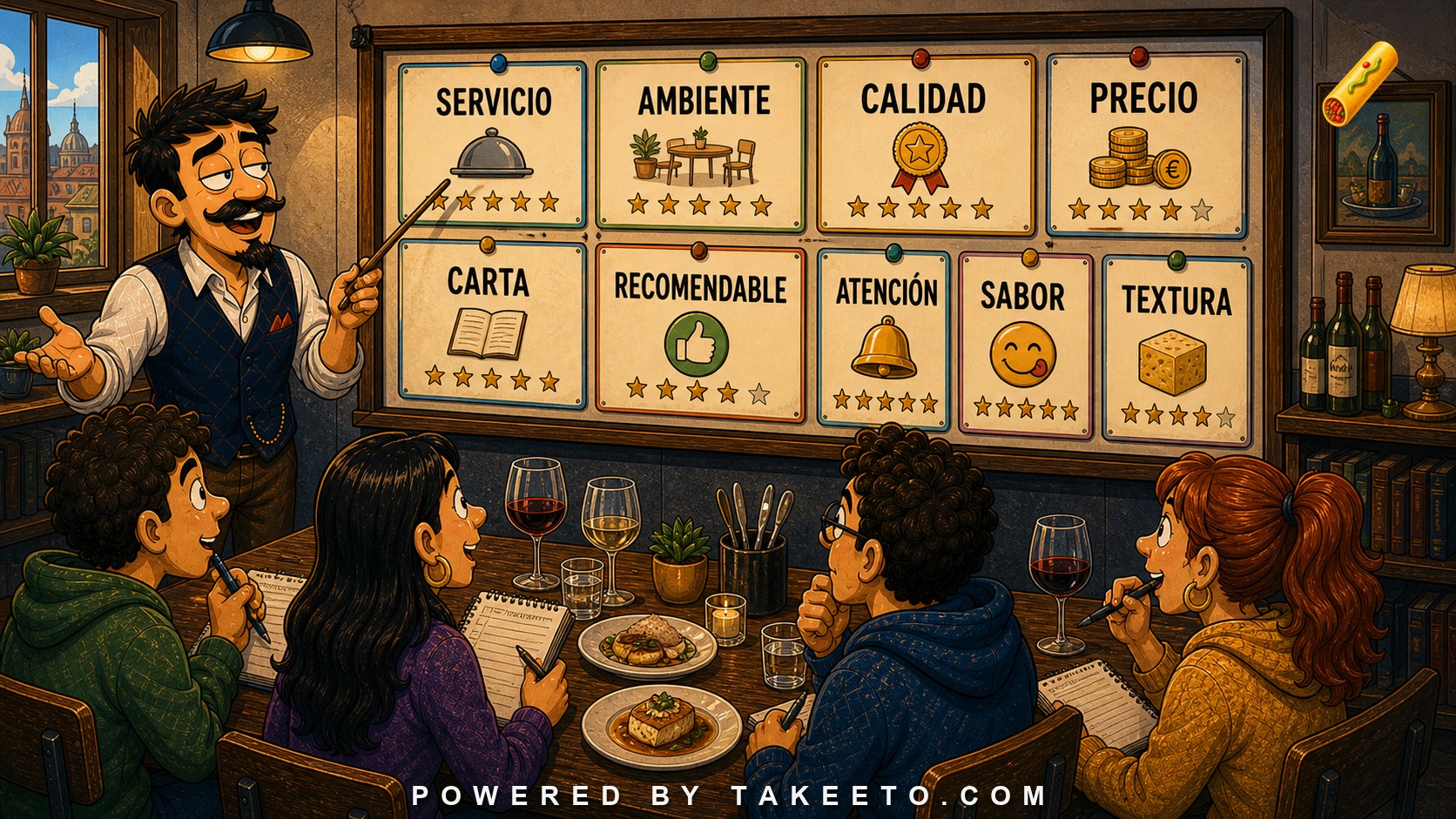 Comic Takeeto blog illustration for Spanish Restaurant Reviews and Food Criticism, covering culture/domain language.