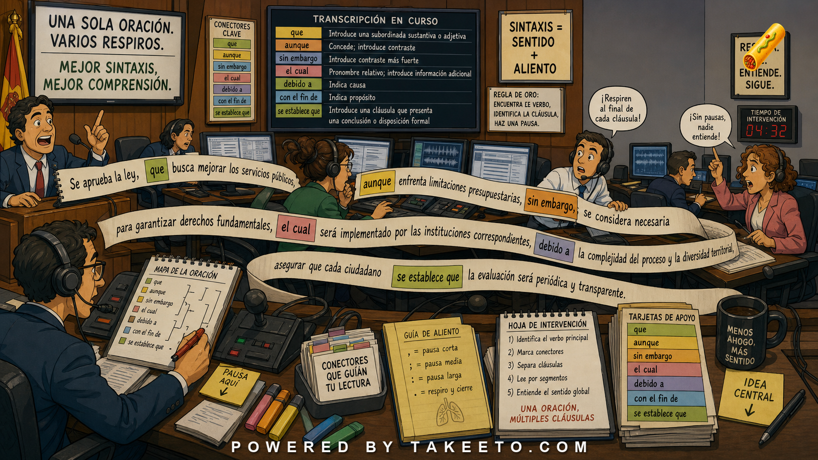 Comic Takeeto blog illustration for Spanish Sentence Length: Coordination, Subordination, and Breath, covering syntax & style.