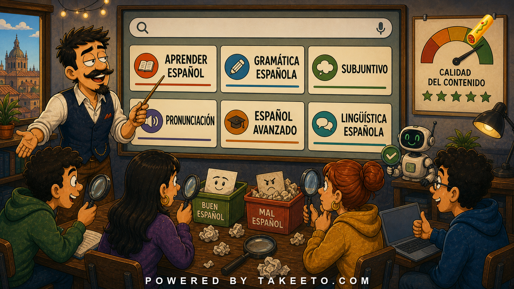 Comic Takeeto blog illustration for Spanish SEO Without Bad Spanish, covering marketing language.