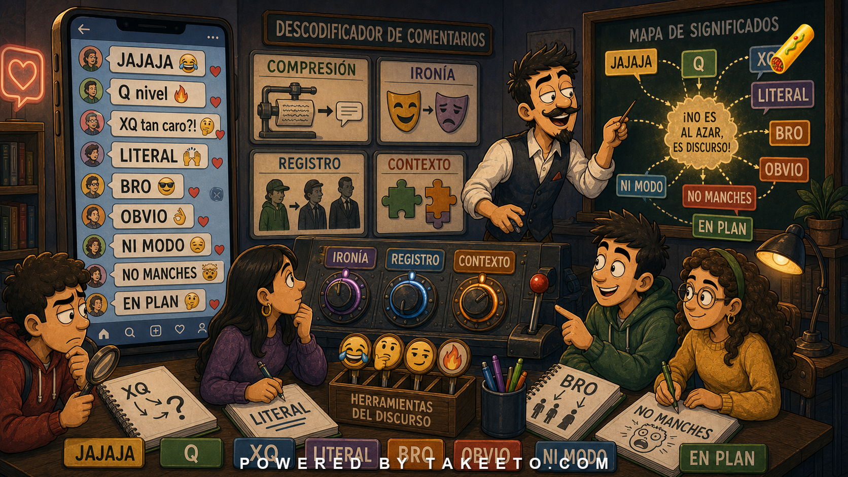 Comic Takeeto social-media decoder illustration showing Spanish comment compression, irony, register, context, and informal markers.