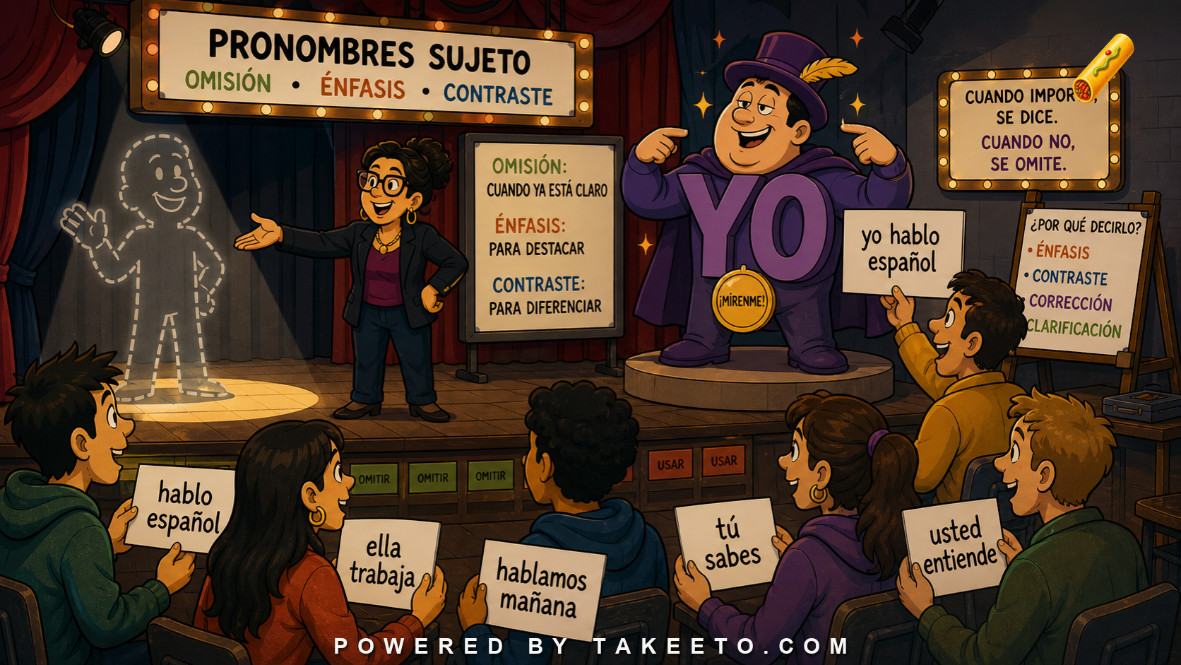 Comic Takeeto blog illustration for Spanish Subject Pronouns: Omission, Emphasis, and Contrast, covering syntax & discourse.