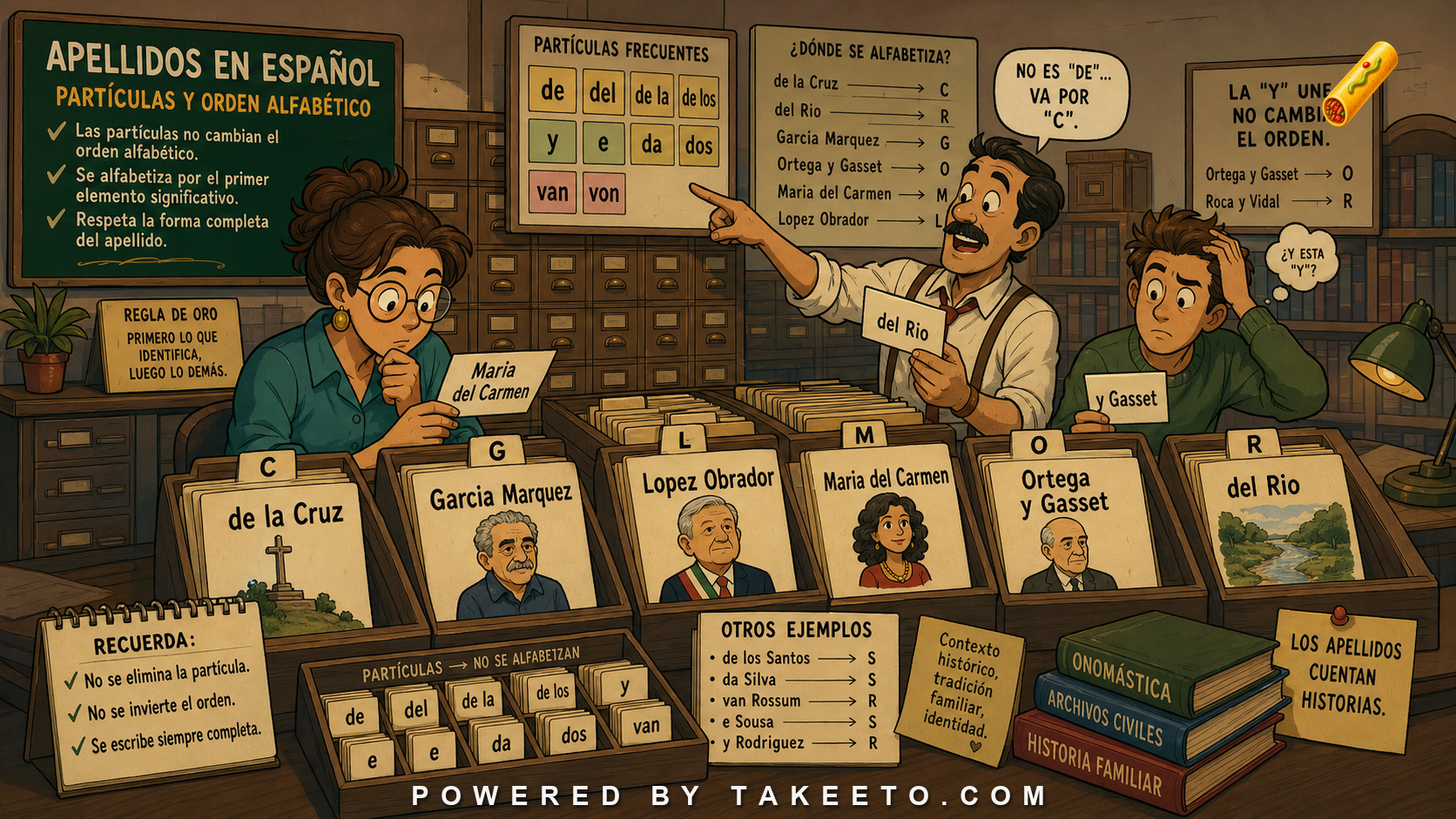 Comic Takeeto blog illustration for Spanish Surnames: De, Del, Particles, and Alphabetization, covering onomastics & culture.