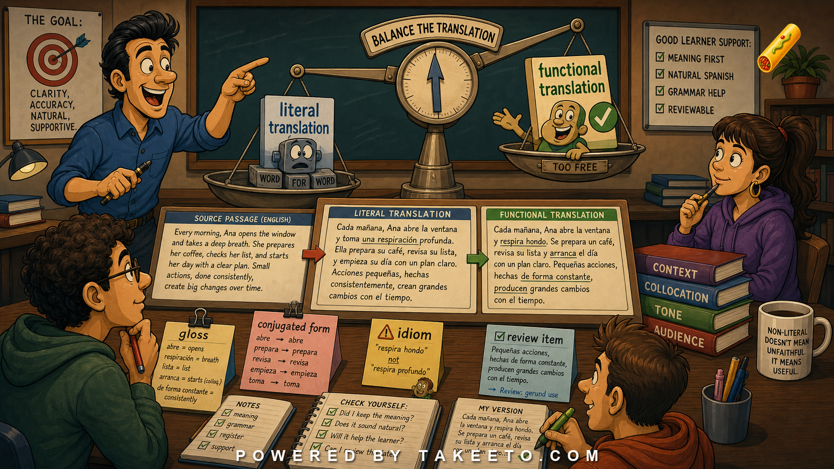 Comic Takeeto blog illustration for Spanish Translation for Learning Passages: Literal Enough, Natural Enough, covering translation pedagogy.