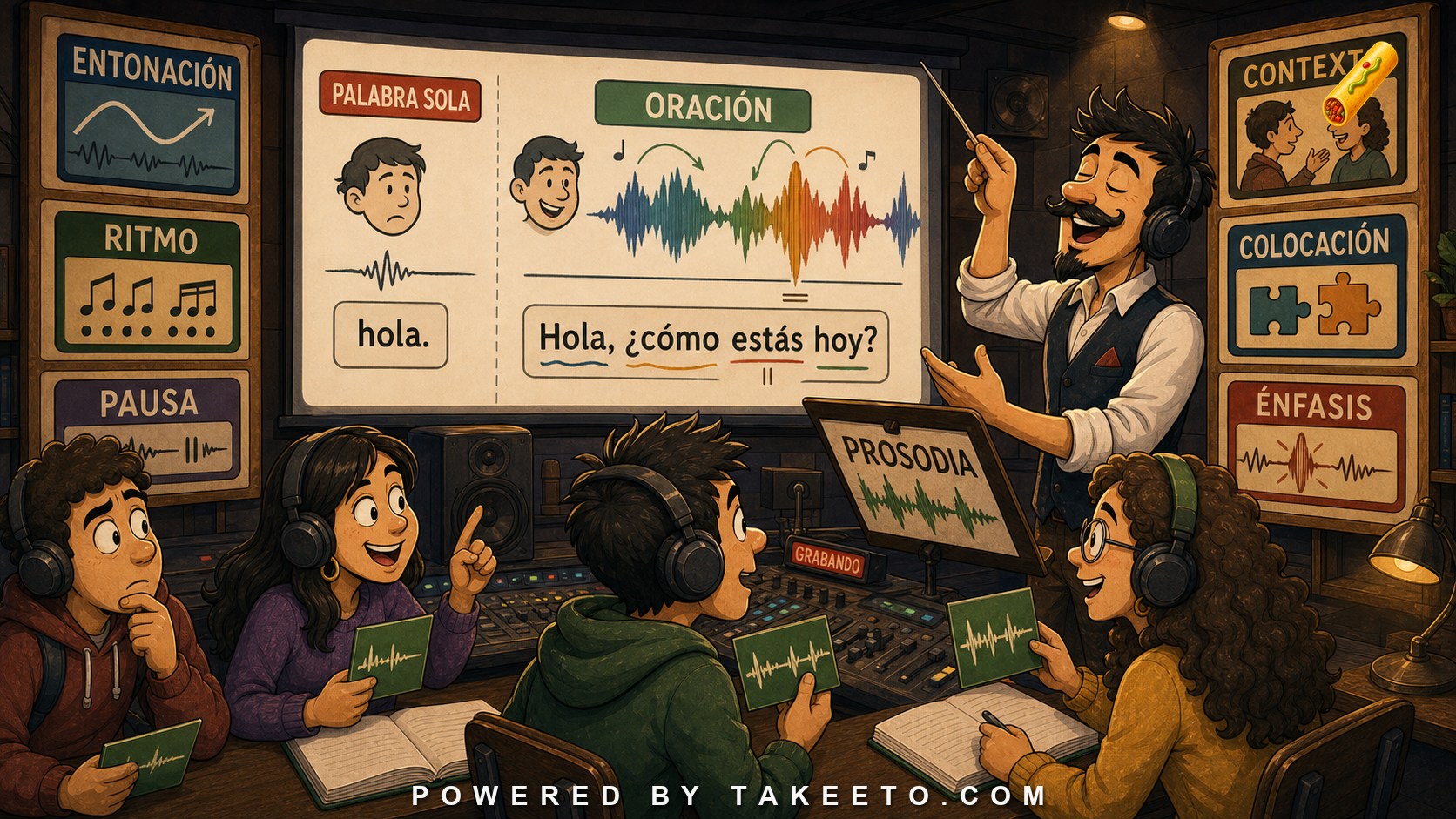 Comic Takeeto audio classroom illustration showing sentence prosody, rhythm, context, collocation, and emphasis.