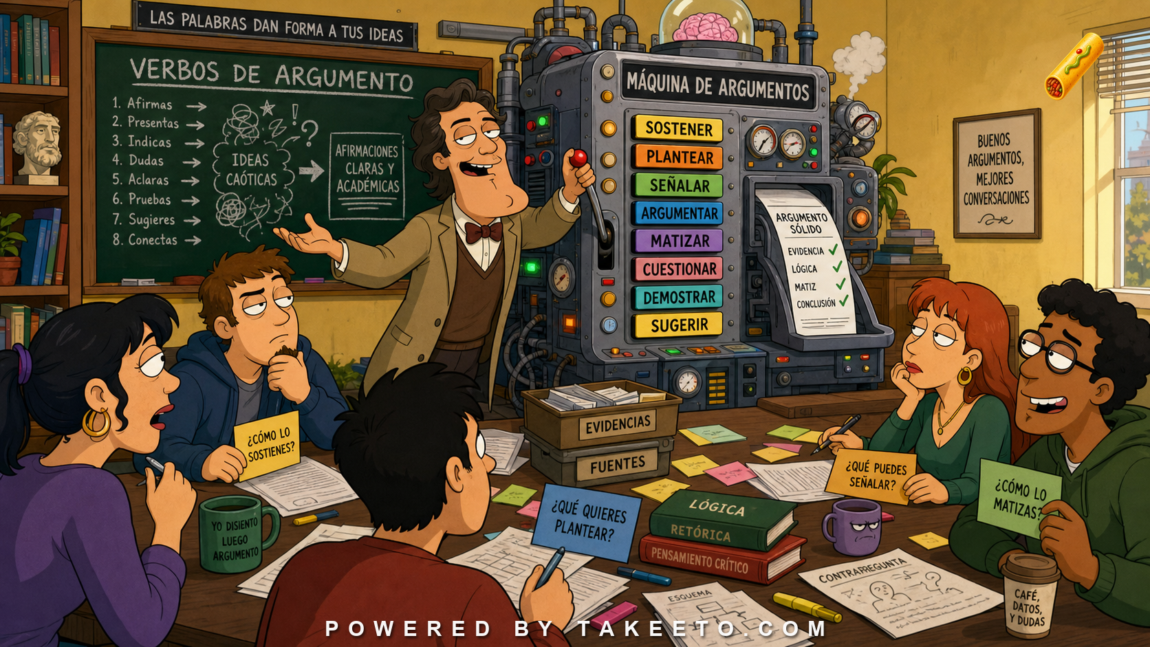 Comic Takeeto blog illustration for Spanish Verbs of Argument: Sostener, Plantear, Señalar, Matizar, covering academic discourse.