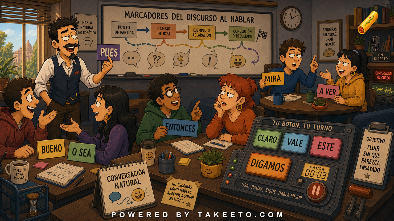 Comic Takeeto blog illustration for Spoken Spanish Discourse Markers: Pues, o sea, bueno, entonces, covering discourse & pragmatics.
