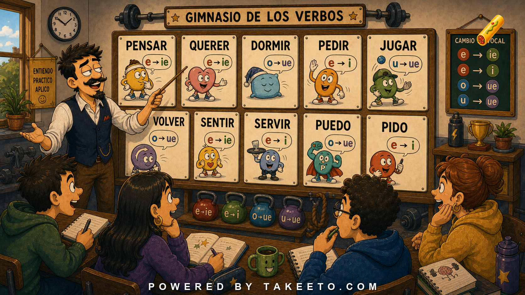 Comic Takeeto blog illustration for Stem-Changing Verbs: Sound, Stress, and Morphological Patterning, covering verb morphology.