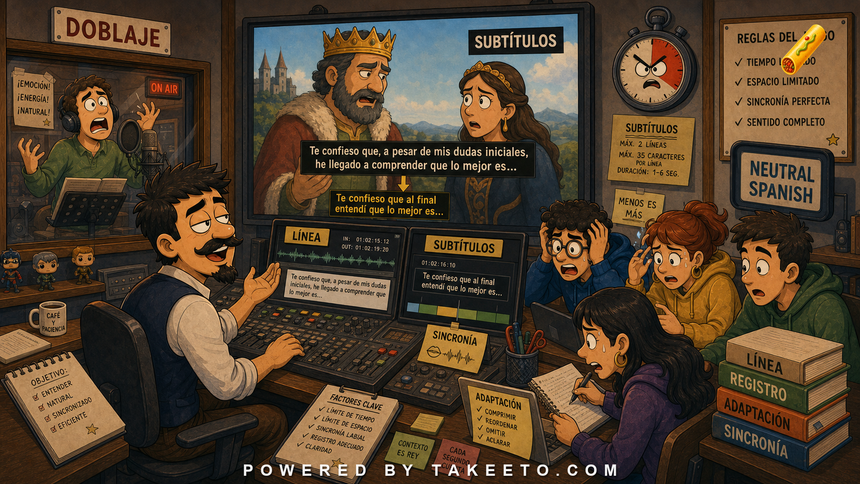 Comic Takeeto blog illustration for Subtitles and Dubbing: Spanish Under Time and Space Pressure, covering media translation.