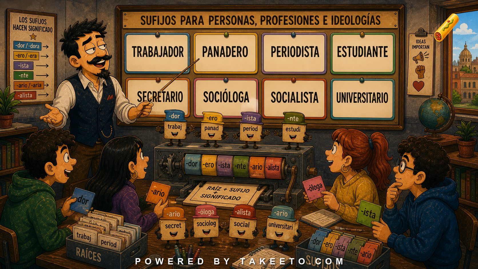 Comic Takeeto blog illustration for Suffixes for People, Professions, and Ideologies, covering morphology & lexicon.