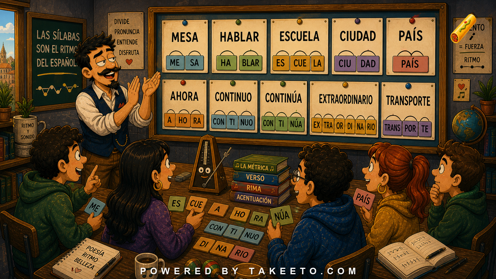 Comic Takeeto blog illustration for Syllables in Spanish: Why Syllabification Matters for Pronunciation and Poetry, covering phonology.