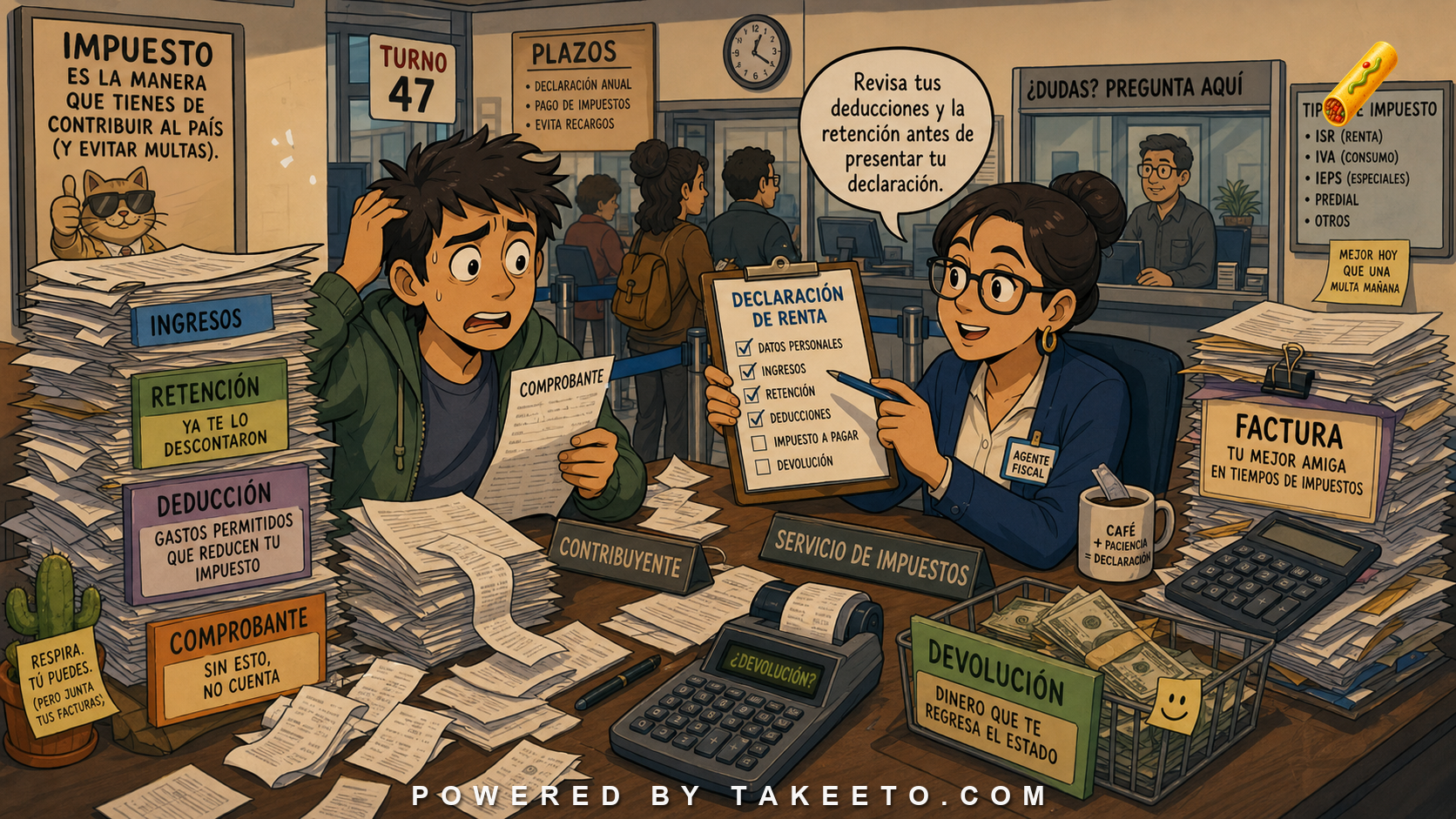 Comic Takeeto blog illustration for Tax Spanish: Income, Withholding, Deductions, and Filing, covering finance/domain language.