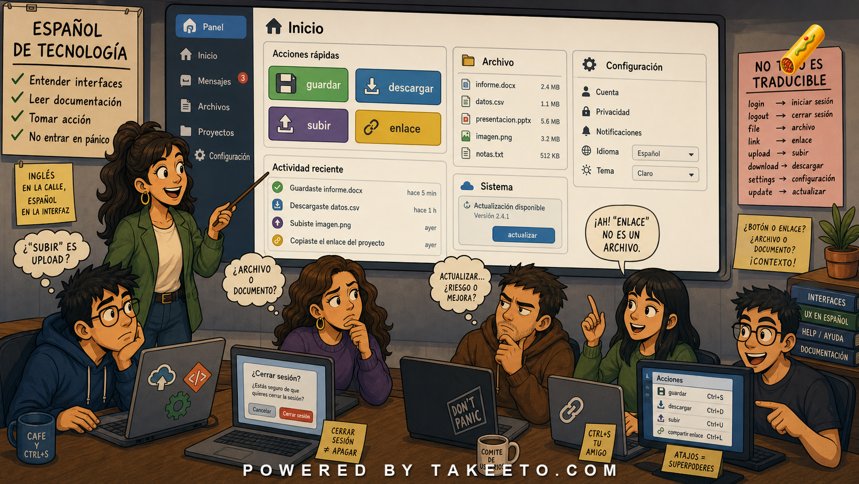Comic Takeeto blog illustration for Technology Spanish: Interface Language, Anglicisms, and User Actions, covering domain language.