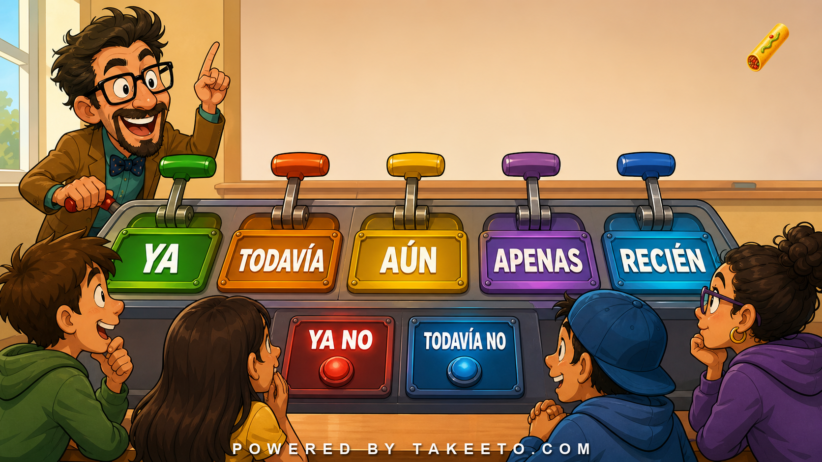 Comic Takeeto expectation-machine illustration showing ya, todavía, aún, apenas, recién, ya no, and todavía no.