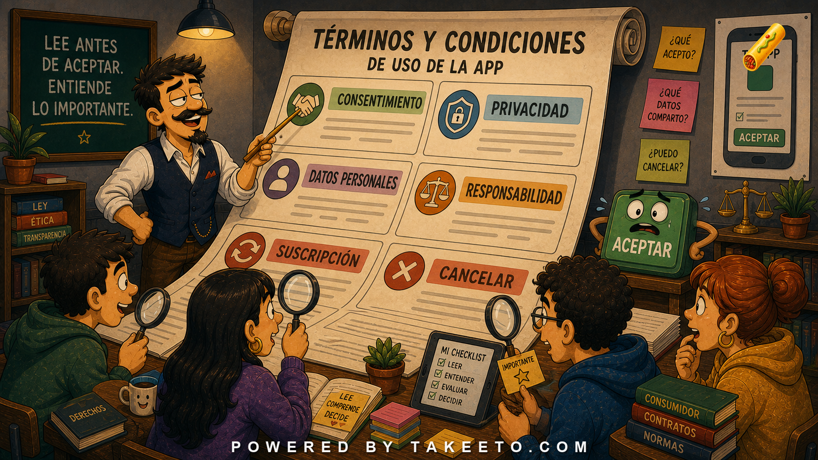 Comic Takeeto blog illustration for Terms and Conditions Spanish: Consent, Data, Liability, and Cancellation, covering legal/technology language.