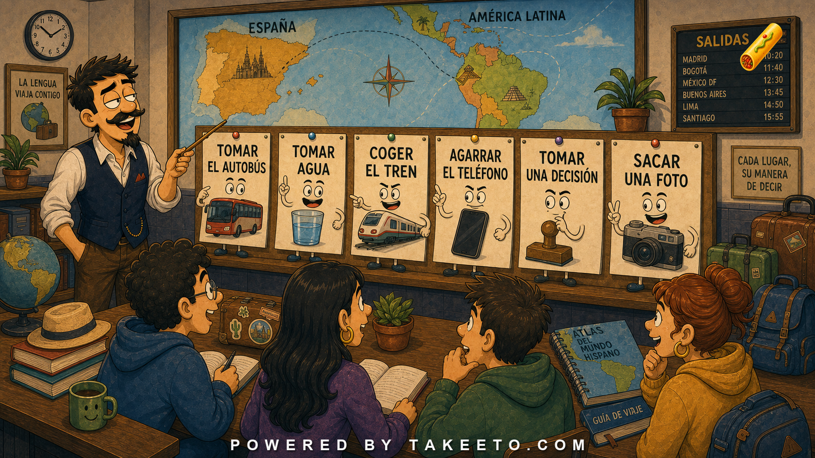 Comic Takeeto blog illustration for Tomar, Coger, Agarrar: Taking Across Regions, covering dialect & lexicon.