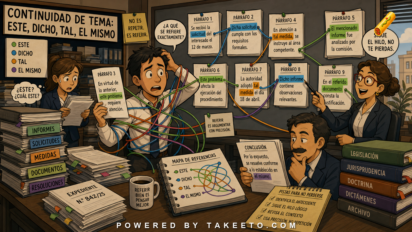 Comic Takeeto blog illustration for Topic Continuity: Este, Dicho, Tal, El Mismo, covering discourse reference.