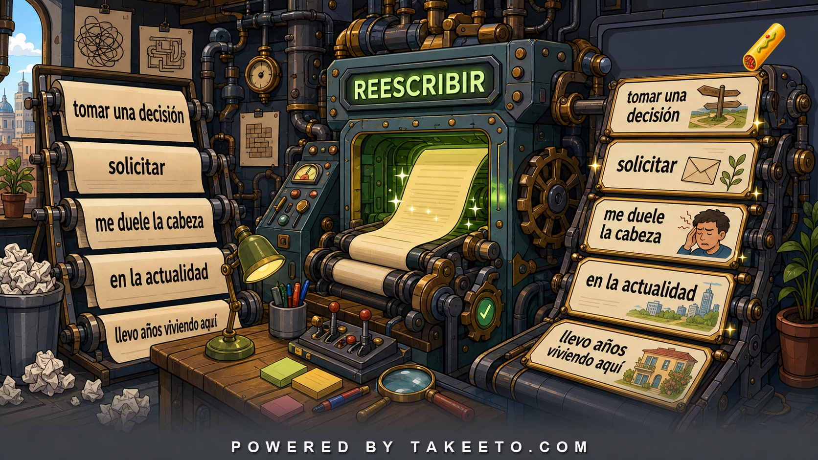 Comic Takeeto blog illustration for Translationese in Spanish: How English Structure Distorts Spanish Prose, covering translation & style.