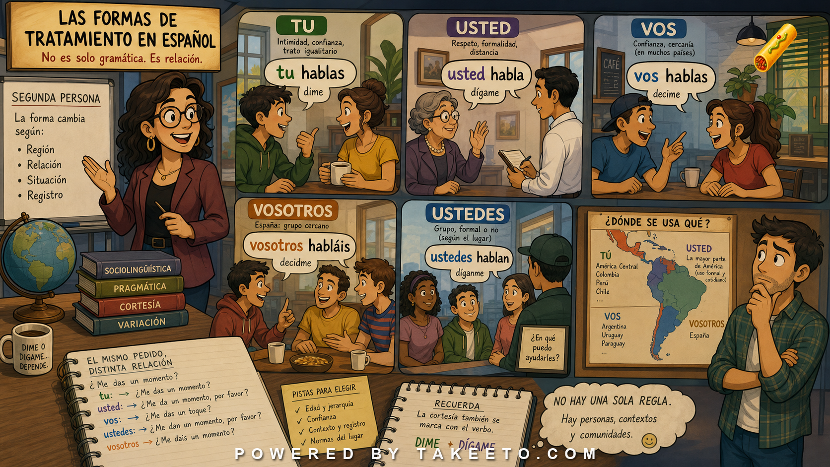 Comic Takeeto blog illustration for Tú, Usted, Vos, Vosotros, Ustedes: Address as Grammar and Social Relationship, covering sociolinguistics & grammar.
