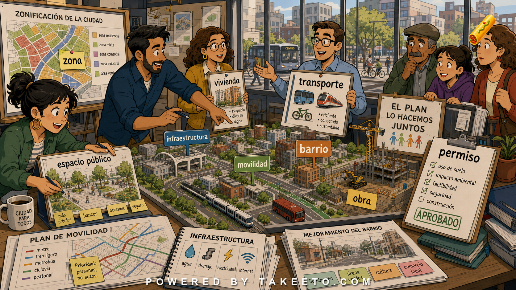 Comic Takeeto blog illustration for Urban Planning Spanish: Housing, Transport, Zoning, and Public Space, covering public/domain language.
