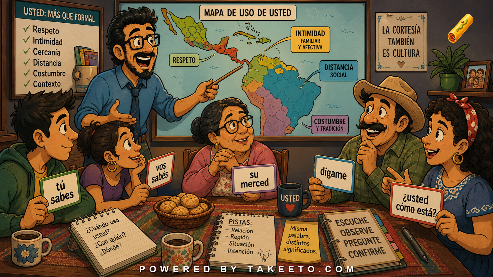 Comic Takeeto blog illustration for Ustedeo: When Usted Is Intimate, covering sociolinguistics.