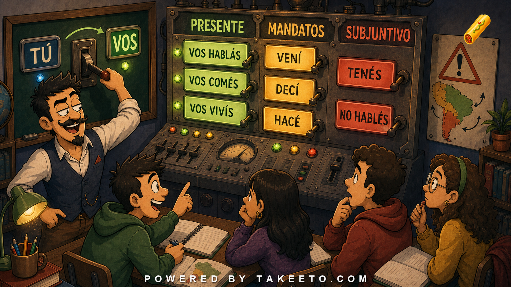 Comic Takeeto control-panel illustration showing voseo forms for present tense, commands, and subjunctive patterns.