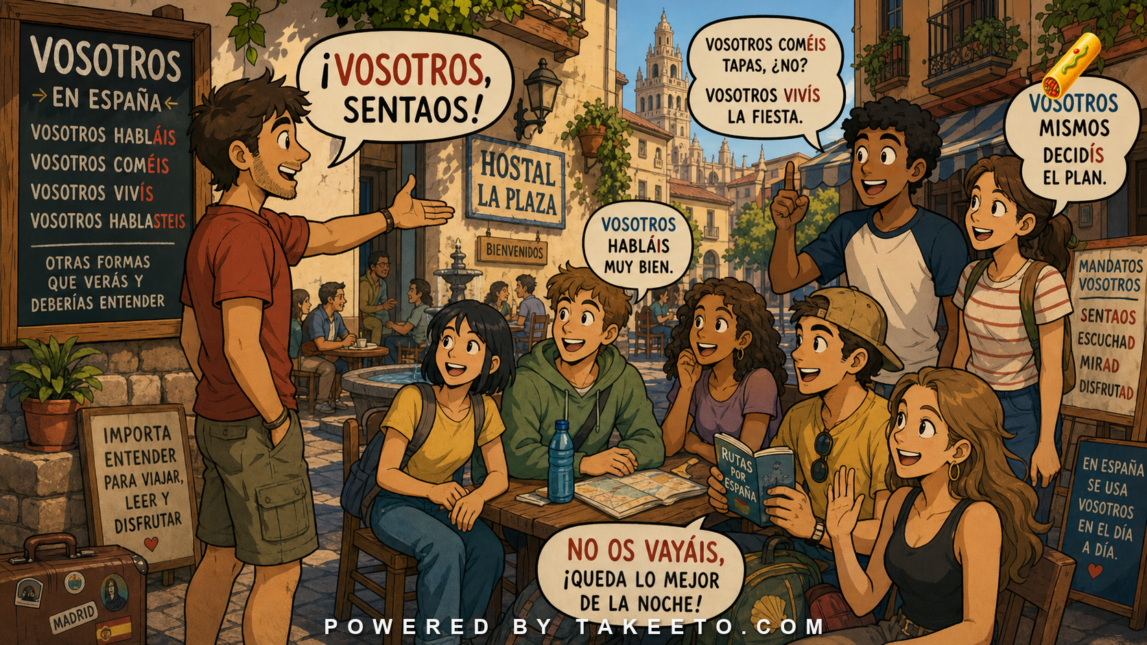 Comic Takeeto blog illustration for Vosotros: Why Learners Should Understand It Even If They Rarely Use It, covering verb morphology & dialectology.