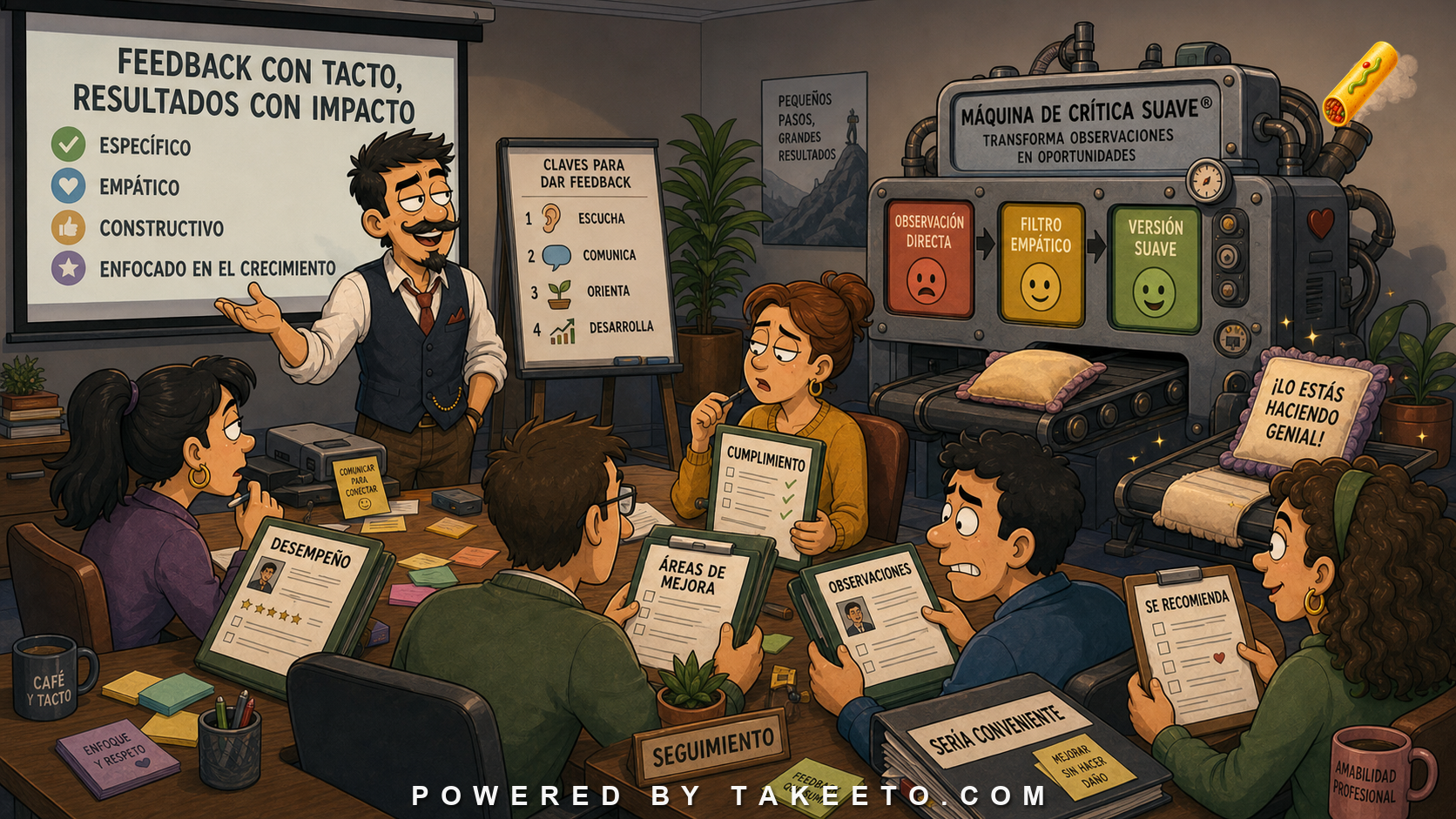Comic Takeeto blog illustration for Workplace Feedback Spanish: Evaluation, Performance, and Soft Criticism, covering work pragmatics.